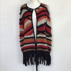 NWT- Vertigo Women Multi-Color Striped Fringe Sweater Cape with Leather Buckle M